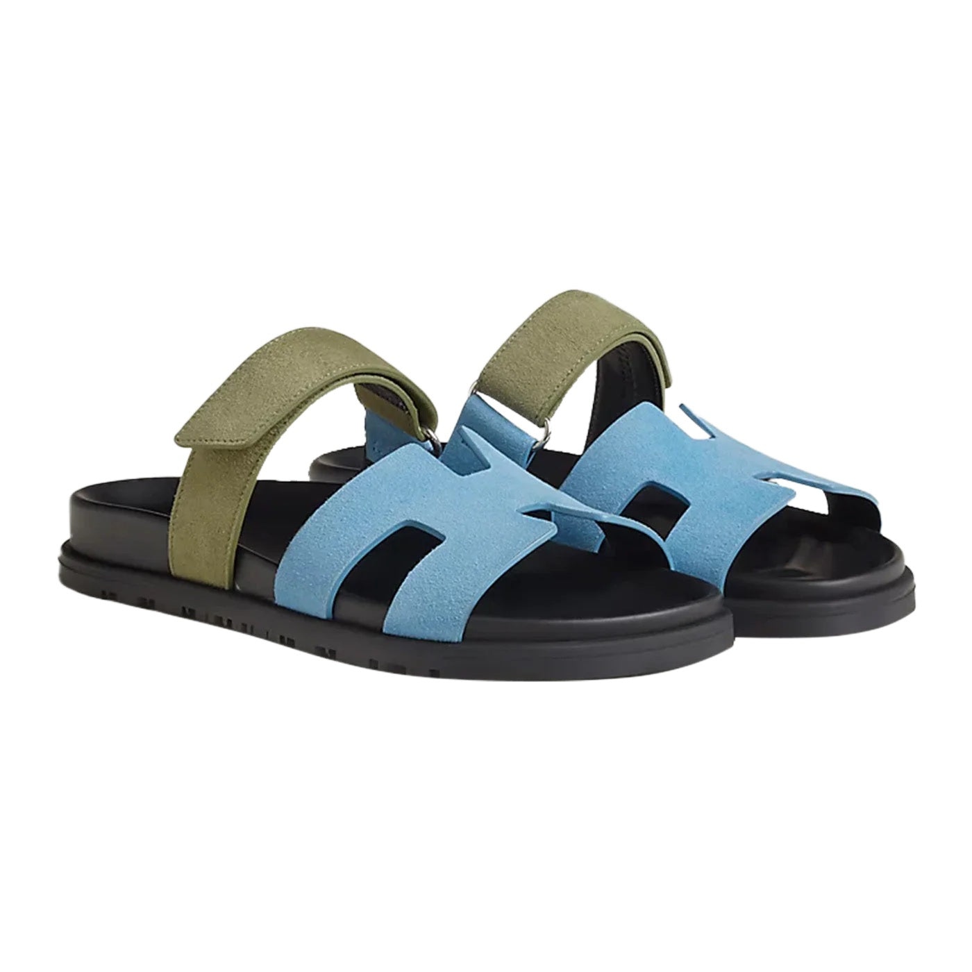 Hermes Chypre Suede Sandals "Bleu Cameo Vert" - 37 EU