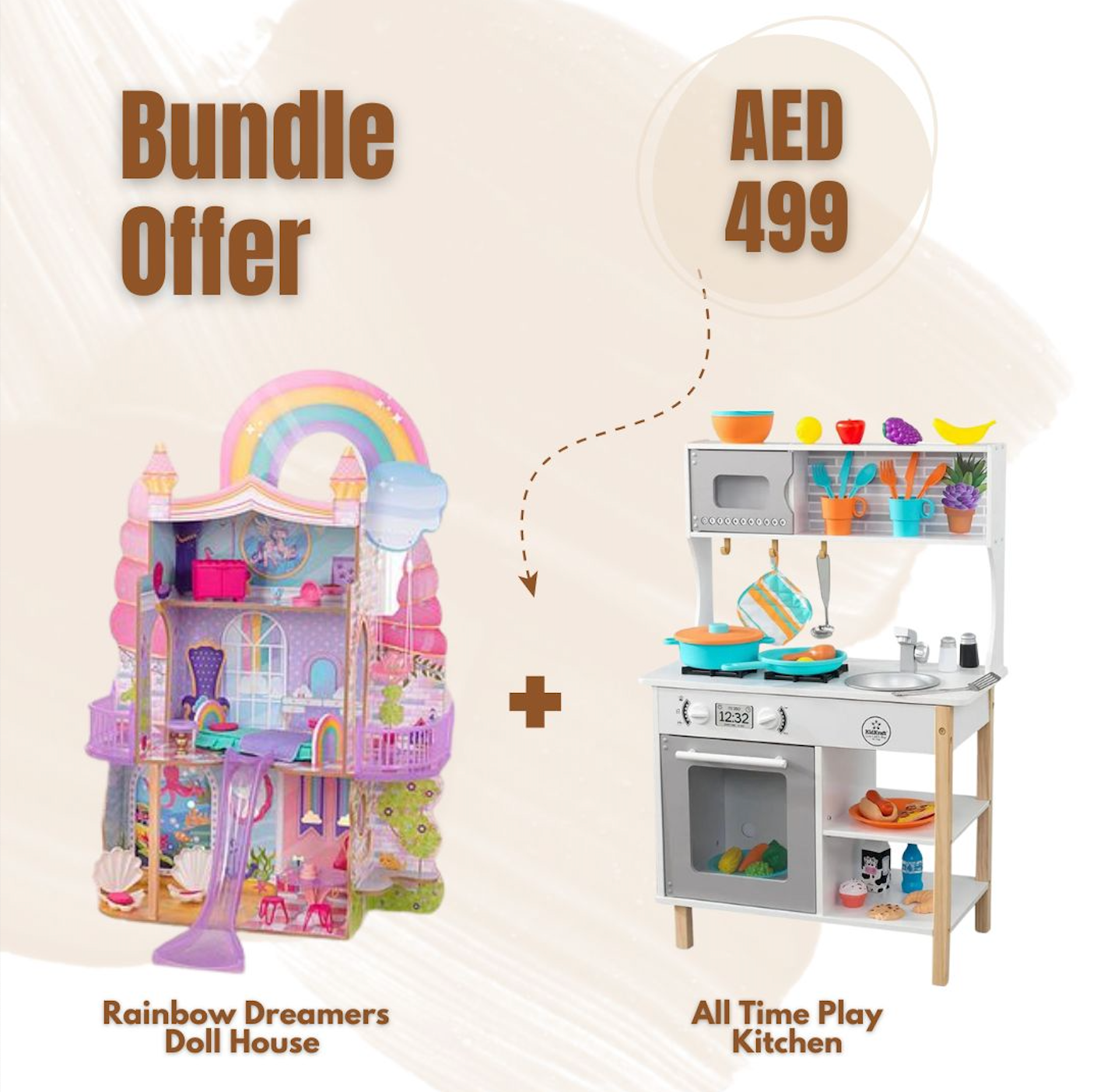 KidKraft Rainbow Dreamers Unicorn Mermaid Dollhouse + Kidkraft All Time Play Kitchen With 38 pcs Accessories