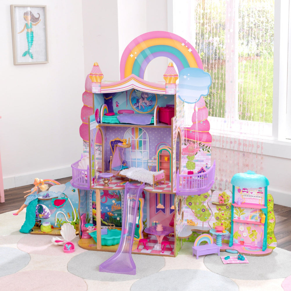 KidKraft Rainbow Dreamers Unicorn Mermaid Dollhouse + Kidkraft All Time Play Kitchen With 38 pcs Accessories