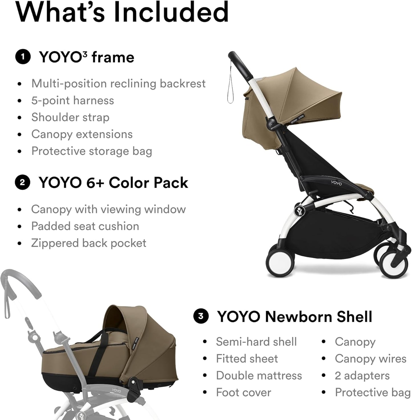 Stokke YOYO3 Frame White + Newborn & 6+ Pack Bundle - Toffee