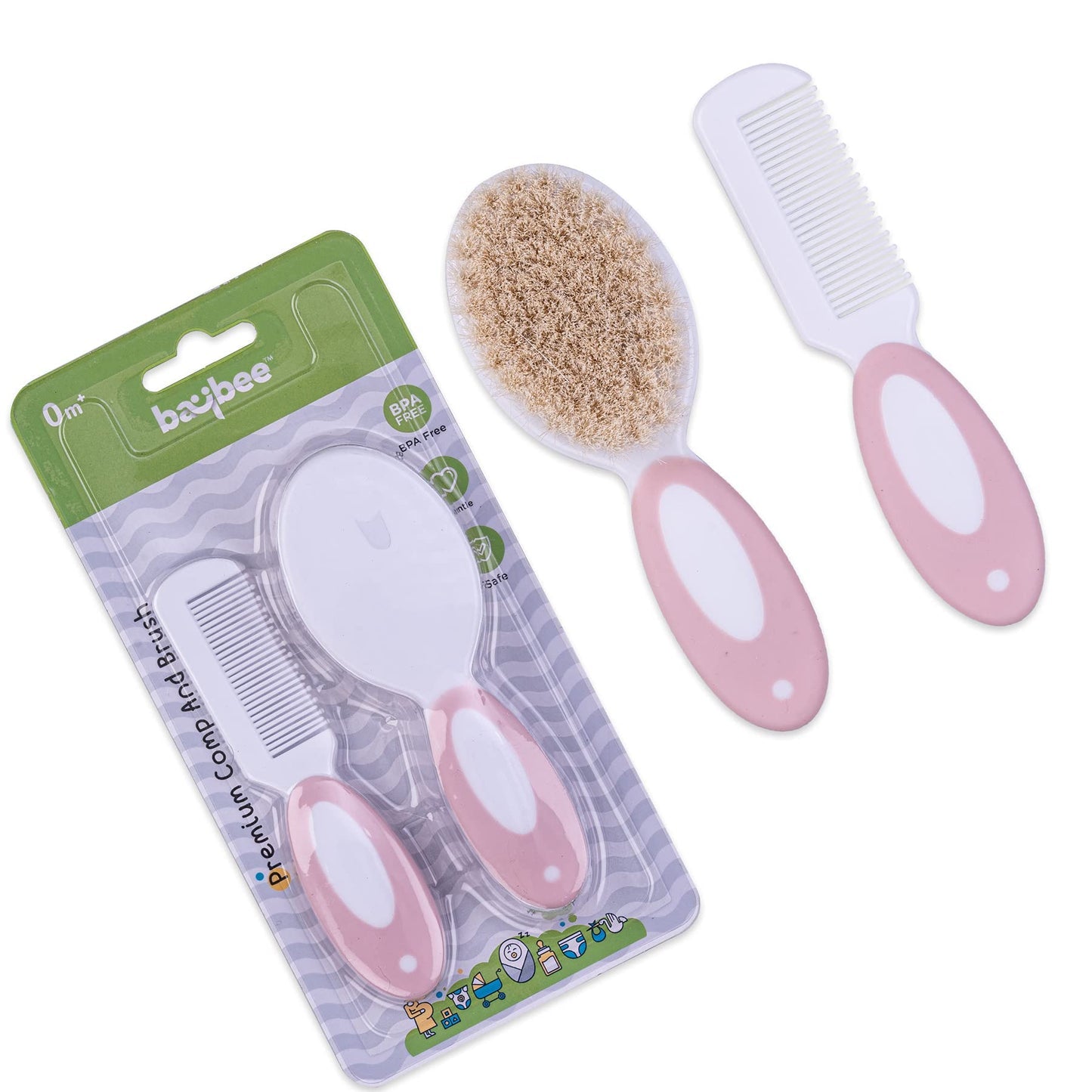 Babyjem - 2-Piece Brush & Comb Set with Natural Bristle for Babies - Newborn - Pink - 0 Months+
