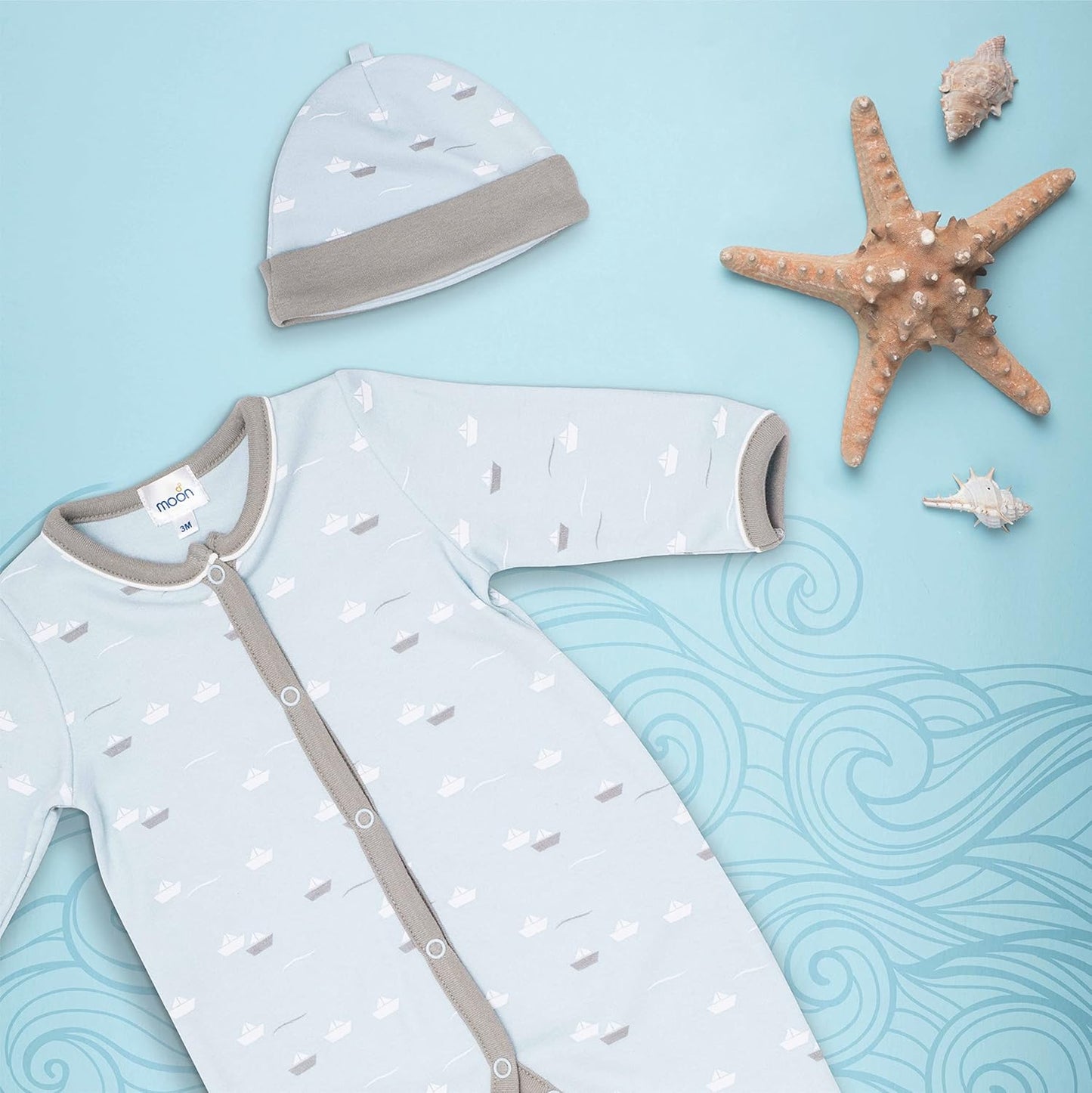 MOON 100% Cotton Sleepsuit, Hat And Bib 3pcs 3-6M Teal - Little Boat