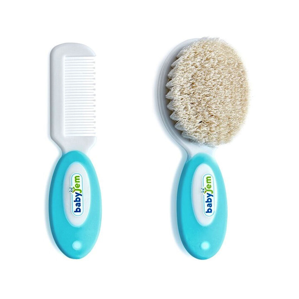 Babyjem - 2-Piece Brush & Comb Set with Natural Bristle for Babies - Newborn - Blue - 0 Months+