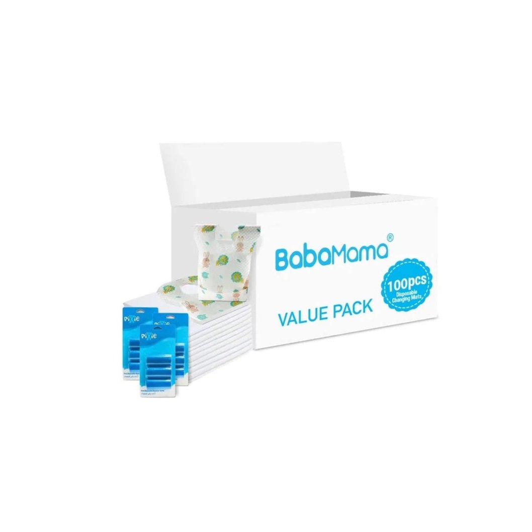 باباماما - حصائر تغيير الحفاضات 100 قطعة + بيكسي - مريلة 100 قطعة + عبوة من 3 أكياس حفاضات قابلة لإعادة التعبئة باللون الأزرق 180 قطعة
