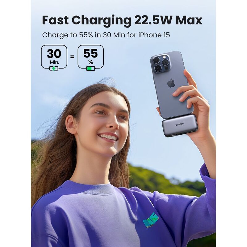UGreen Mini Powerbank 5000mAh 20W PD Fast Charging Led Display - Port Grey