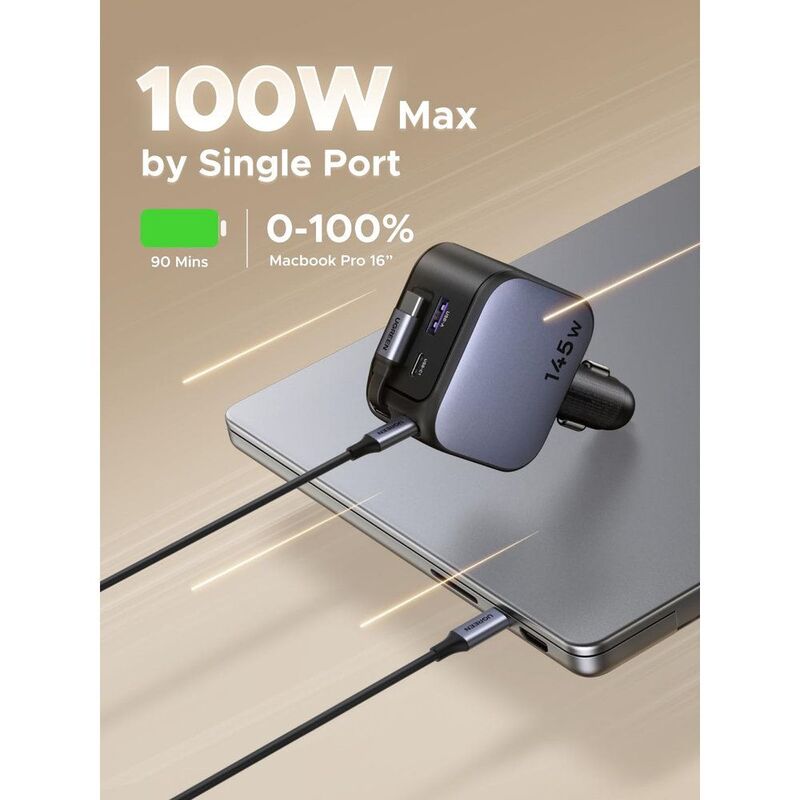 UGreen 145W Fast Car Charger With Retractable Cable - Space Grey