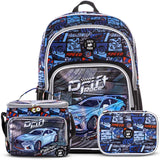 Eazy Kids - 18" Backpack With Lunch Bag & Pencil Case - Car Racing