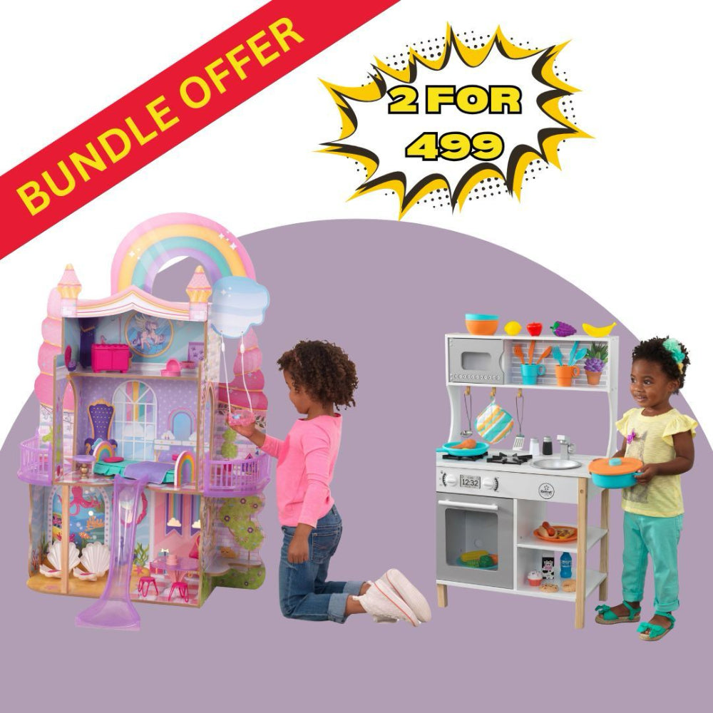 KidKraft Rainbow Dreamers Unicorn Mermaid Dollhouse + Kidkraft All Time Play Kitchen With 38 pcs Accessories