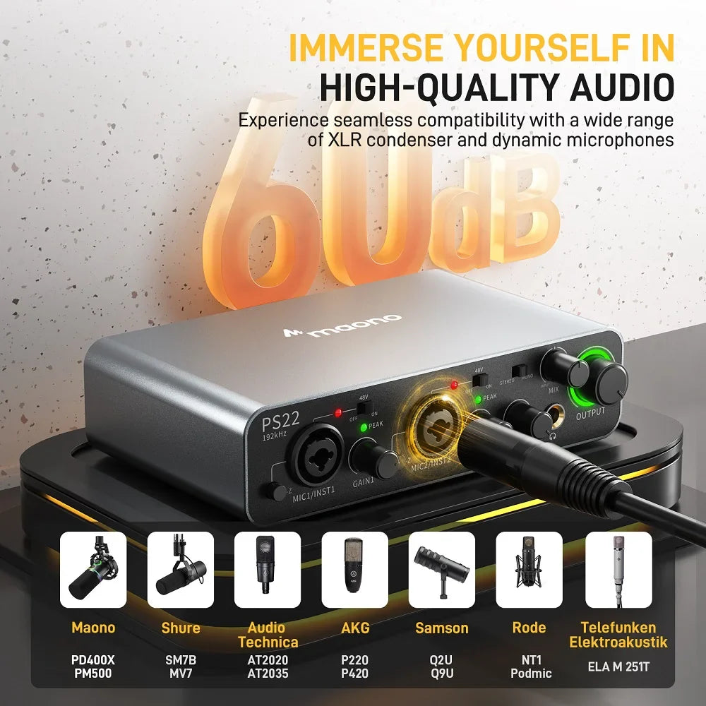 Maono PS22 Audio Interface for Recording, Music Production, Guitar