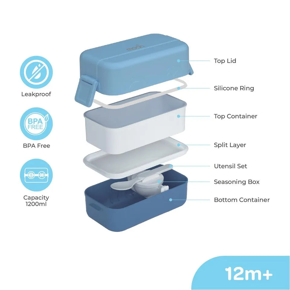 Moon - Kids' Bento Two Tier Lunch Box With Spoon & Seasoning Box - Blue