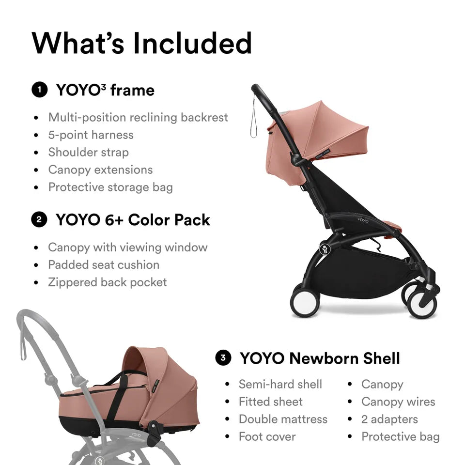 Stokke YOYO3 Frame Black + Newborn & 6+ Pack Bundle - Ginger