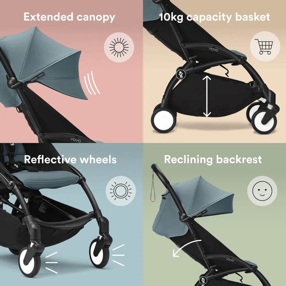 Stokke YOYO3 Frame Black + Newborn & 6+ Pack Bundle - Aqua
