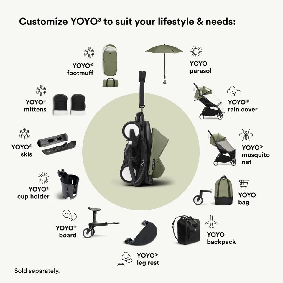 Stokke YOYO3 Frame Black + Newborn & 6+ Pack Bundle - Olive