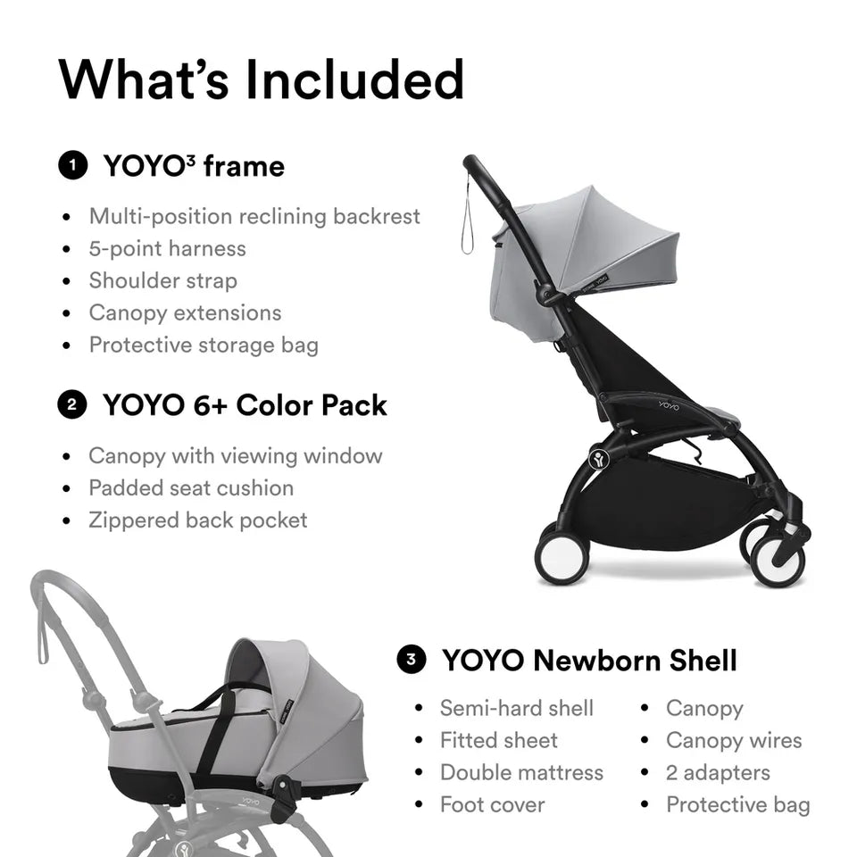 Stokke YOYO3 Frame Black + Newborn & 6+ Pack Bundle - Stone
