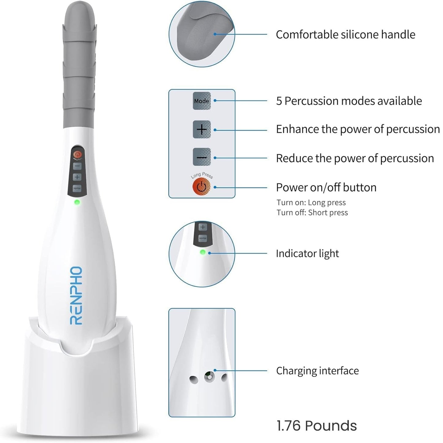 جهاز تدليك الأنسجة العميقة المحمول باليد من رينفو القابل لإعادة الشحن - أبيض