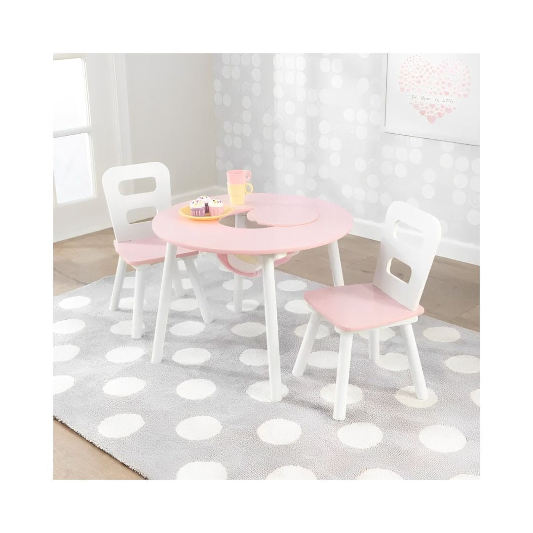Kidkraft Round Storage Table & 2 Chair Set- White & Pink