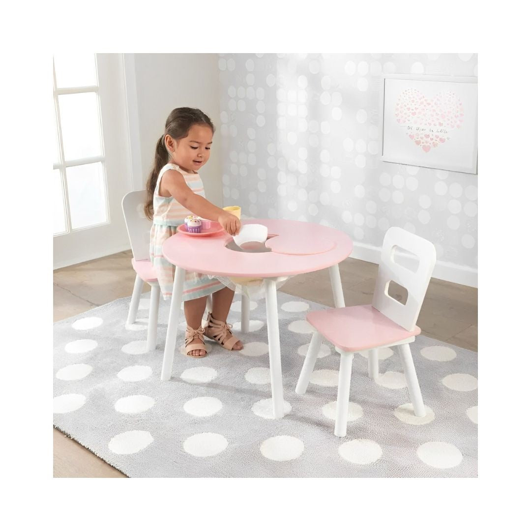 Kidkraft Round Storage Table & 2 Chair Set- White & Pink
