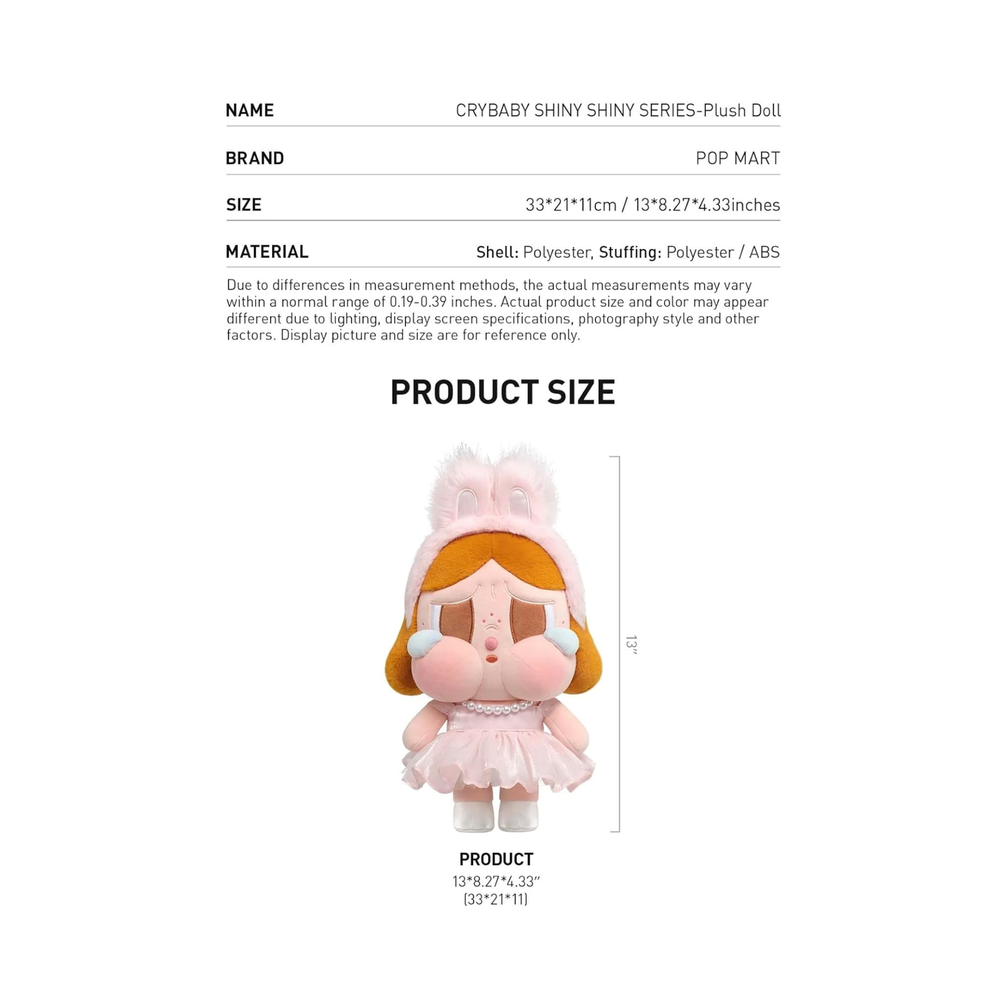 Pop Mart Plush Doll - Crybaby Shiny Shiny Series Pink