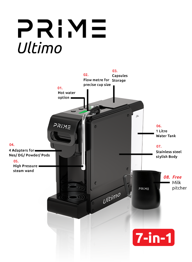 Prime Ultimo 7 in 1 Espresso Maker with Steam for Milk frothing