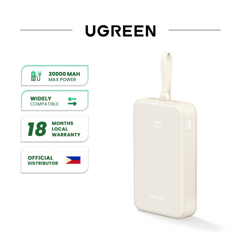 UGreen PB521 20000mAh PD 30W Power Bank USB-C Cable - White