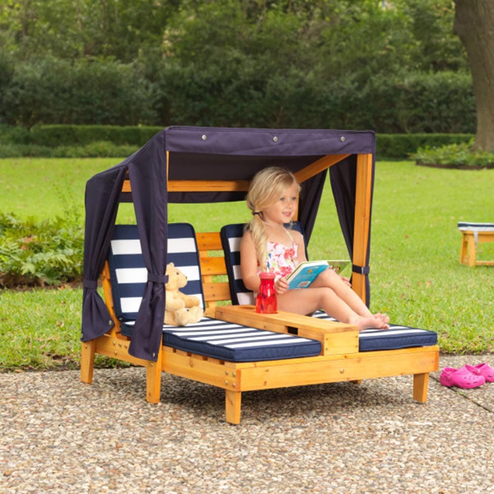 KidKraft Outdoor Kidkraft Double Chaise Lounge with Cup Holders - Honey & Navy