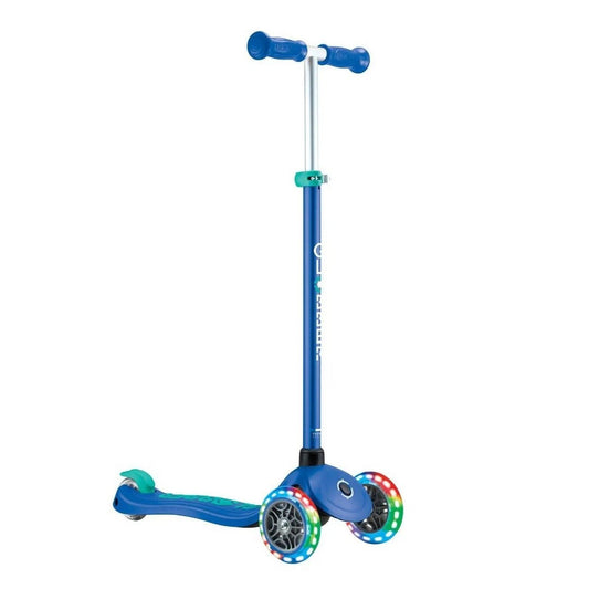 Globber - Primo Plus Lights Three Wheel Scooter, Adjustable T-Bar, Patented Steering Lock System, Light Up Wheels, 3 Years+, 58 x 28 x 76 cm - Navy Blue