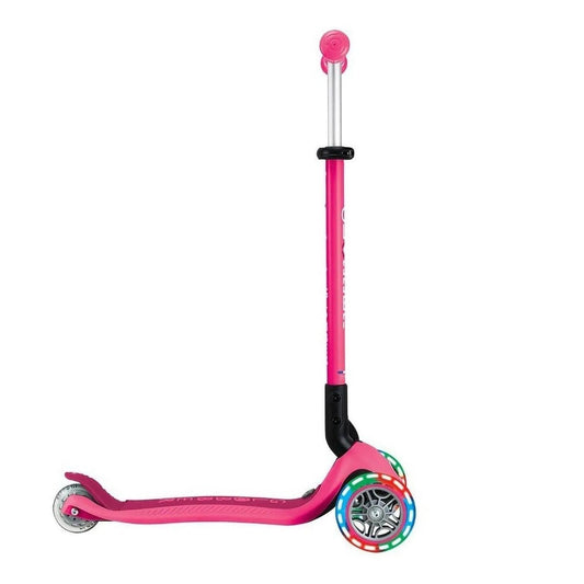 Globber - Go Up Active Sporty Lights All In One Kids Scooter, 4-height Adjustable T-bar, Battery-free LED Light-up Wheels, Patented Steering Lock System, 15 Months+, 26 x 18 x 67.5 cm - Dark Pink