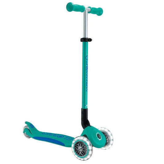 Globber - Primo Plus Foldable Lights Three Wheel Scooter, Adjustable T-Bar, Patented Steering Lock System, Light Up Wheels, 3 Years+, 58 x 28 x 76 cm - Emerald Green