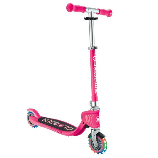 Globber - Flow Foldable Junior Lights 2 Wheels Scooter, Integrated Folding System, Robust Reinforced Deck, Adjustable T-Bar, 3 Years+, 30 x 50 x 50 cm - Fuchsia