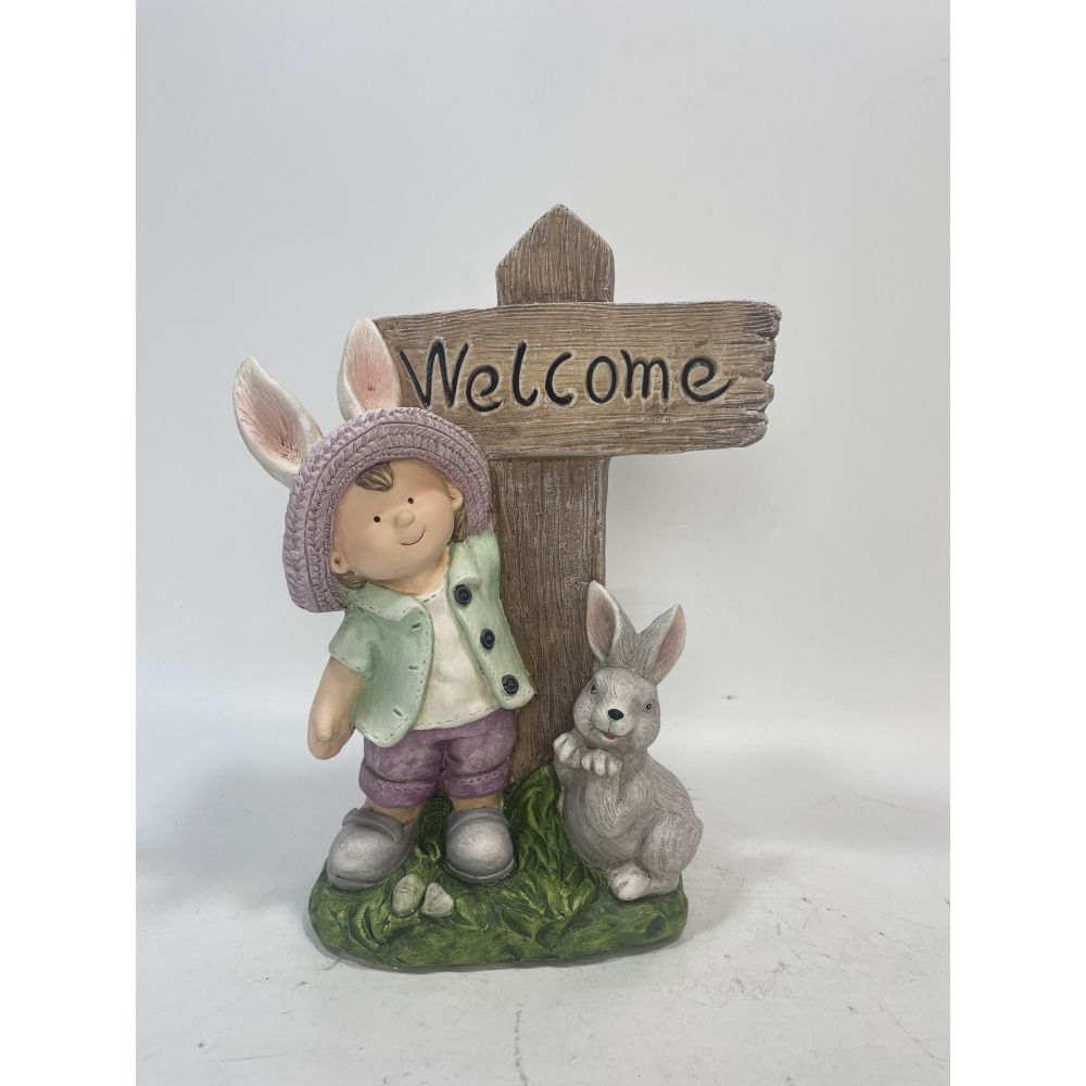 Mgo Boy And Rabbit With Welcome Sign Decor