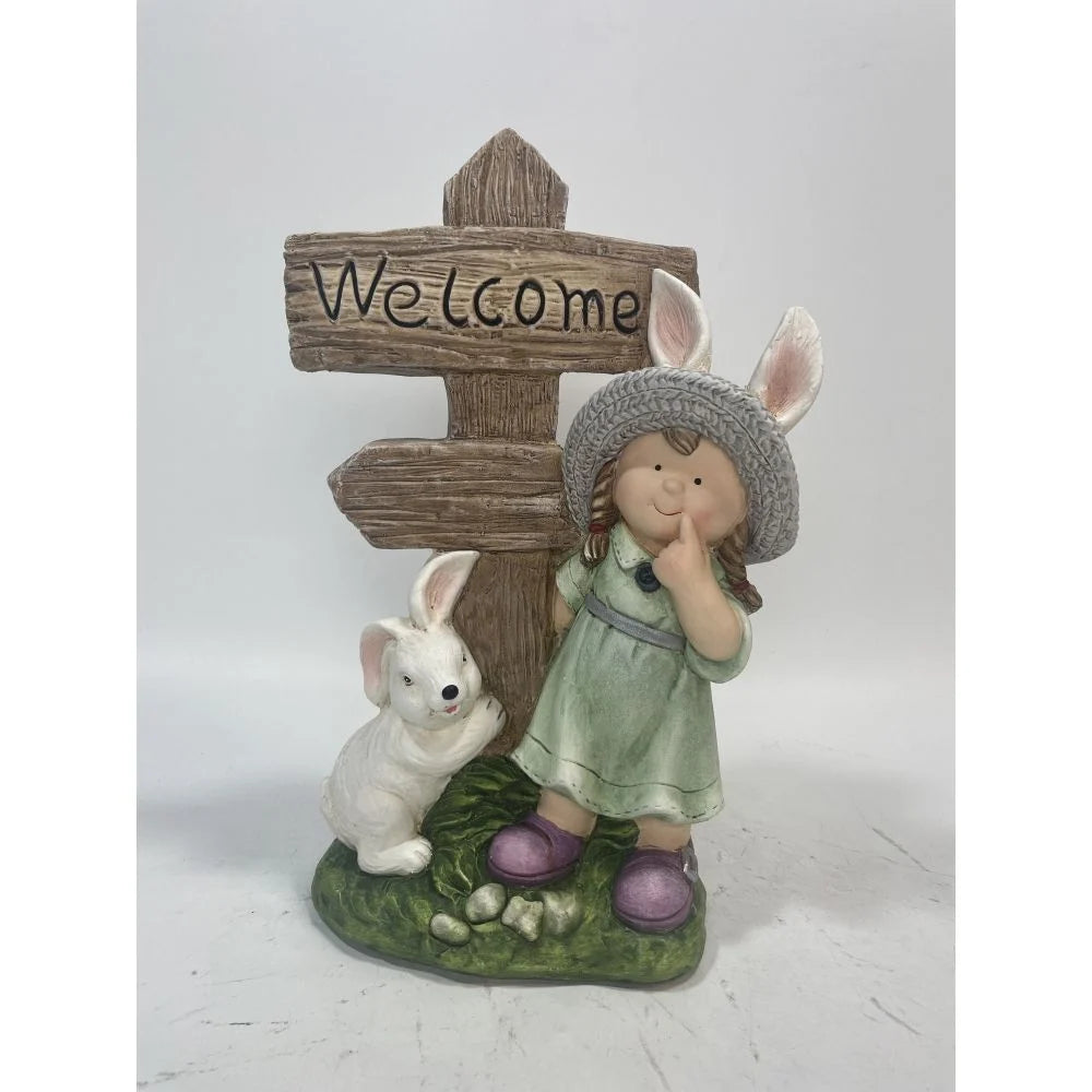 Mgo Girl And Rabbit With Welcome Sign Decor