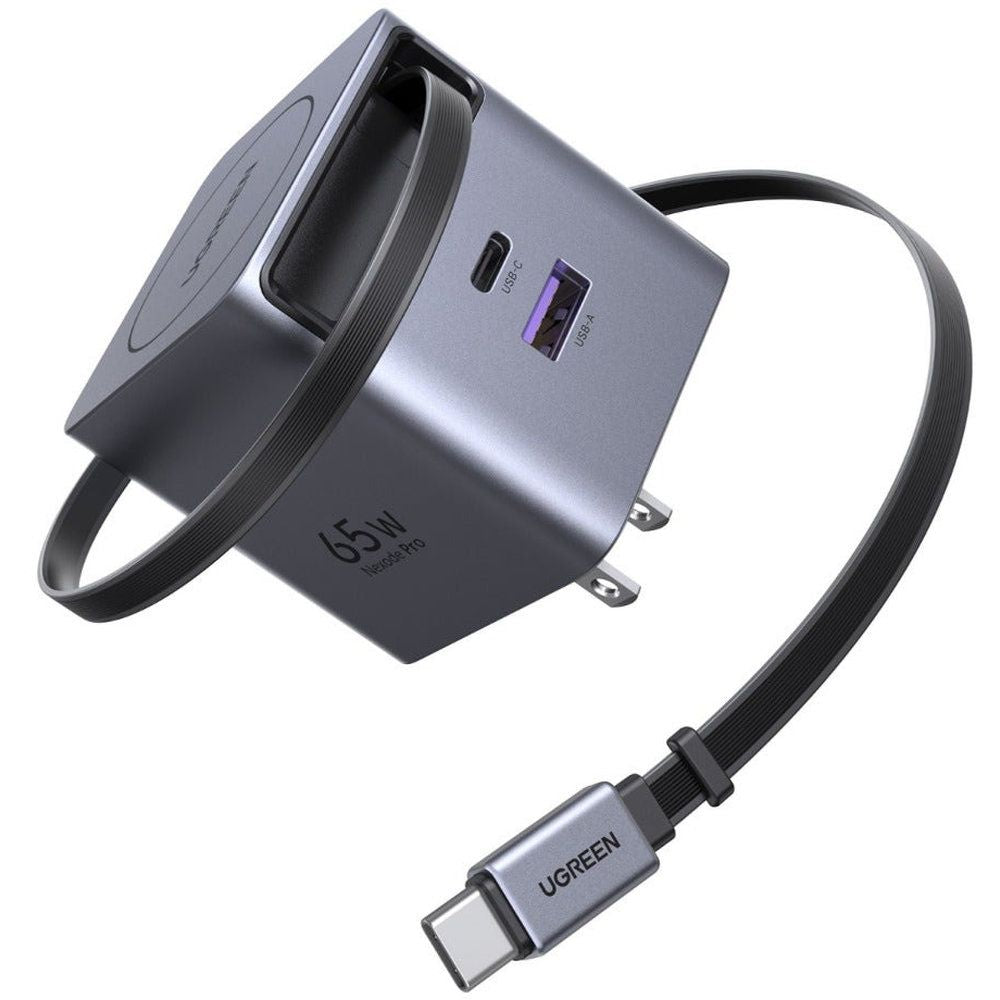 UGreen 65W Gan Fast Charger With Retractable Cable - Grey