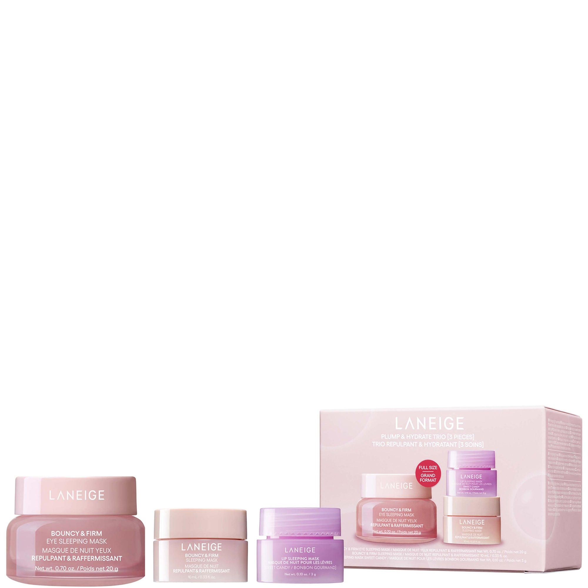 LANEIGE Plump & Hydrate Trio: Bouncy & Firm Travel Set with Eye, Face & Lip Sleeping Mask for Glowy, Plump-looking Skin