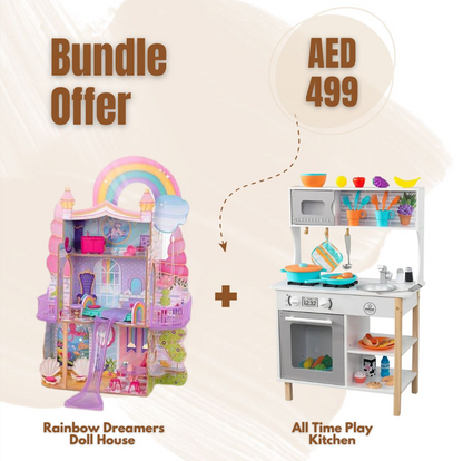 KidKraft Rainbow Dreamers Unicorn Mermaid Dollhouse + Kidkraft All Time Play Kitchen With 38 pcs Accessories