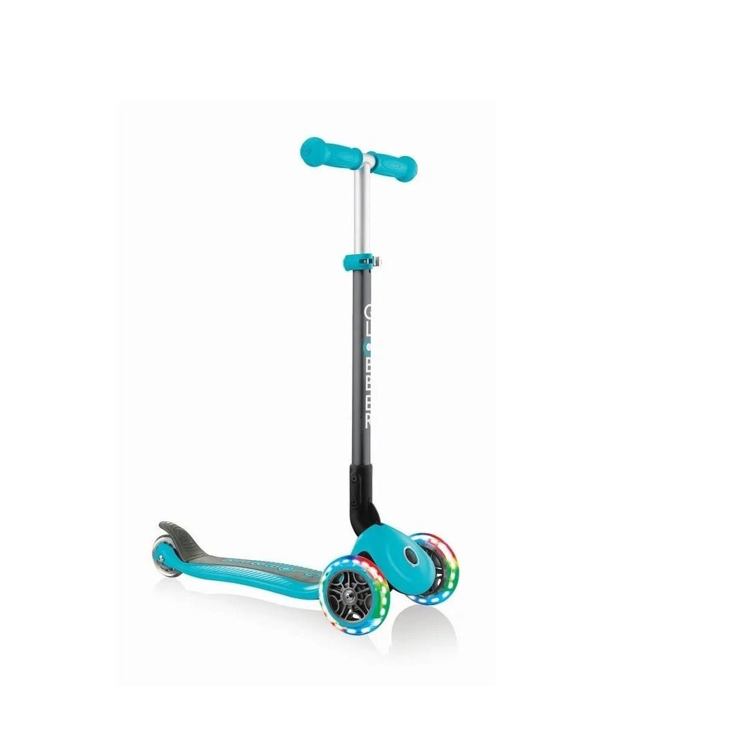 Globber - Primo Foldable Kids Scooter with LED Lights - Anti-Slip, Adjustable Height - Teal