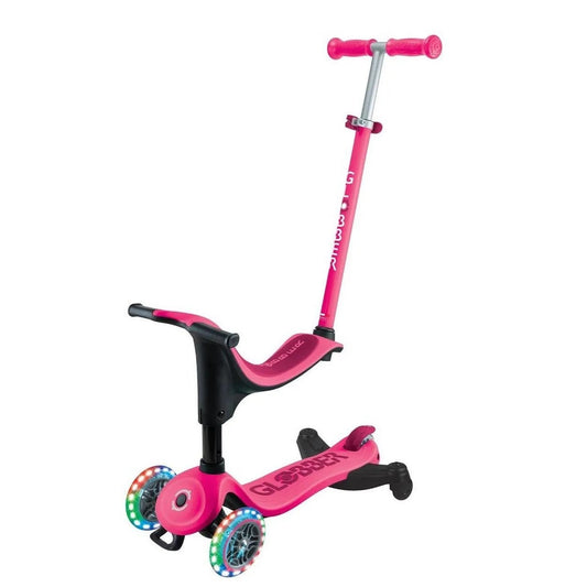 Globber - Go Up Sporty Lights 360 Scooter, 100% Tool-Less Transformation, Patented Steering Lock System, Adjustable Seat and T-Bar, 15 Months+, 26 x 18 x 67.5 cm - Fushia