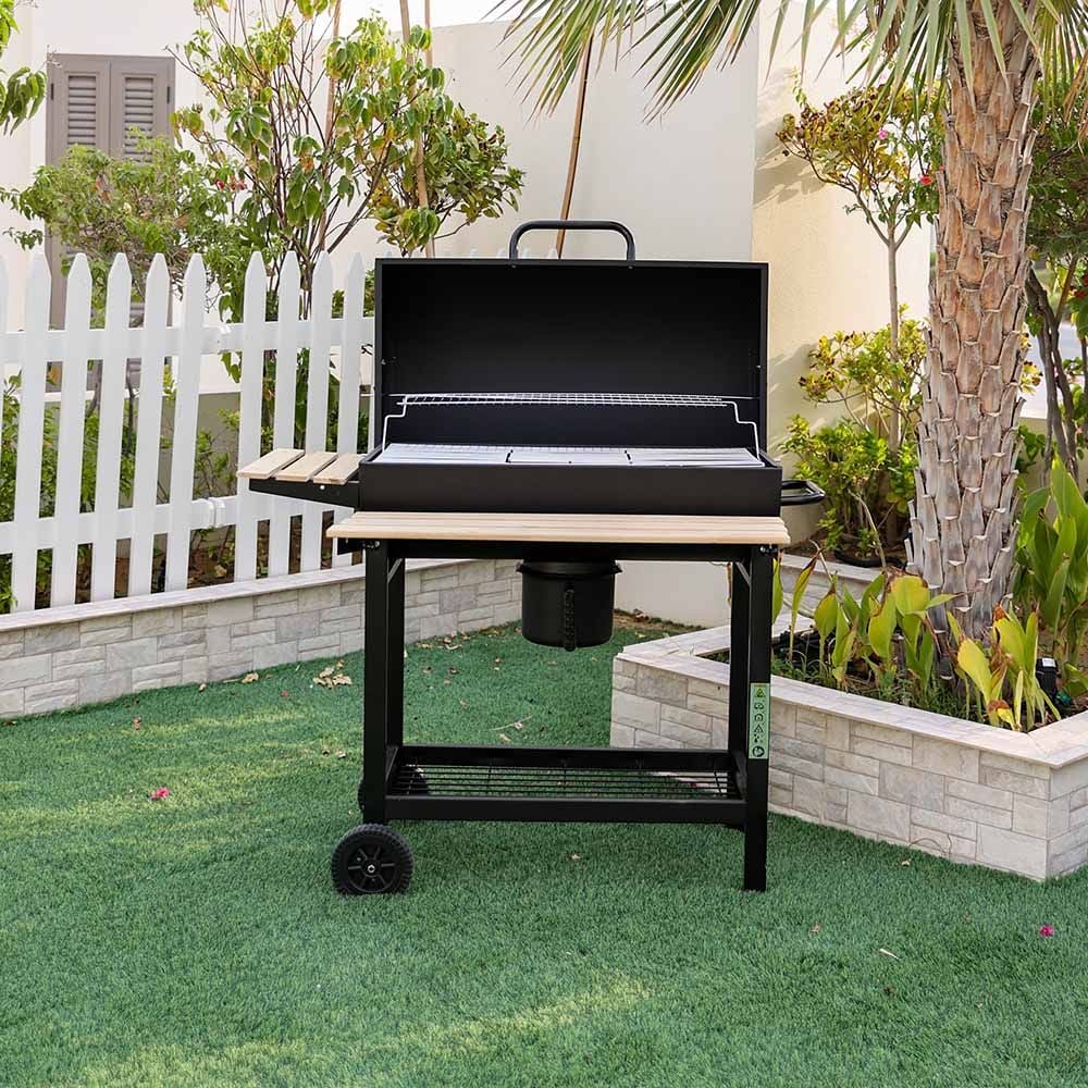 Black Steel Charcoal Grill with Side Stations