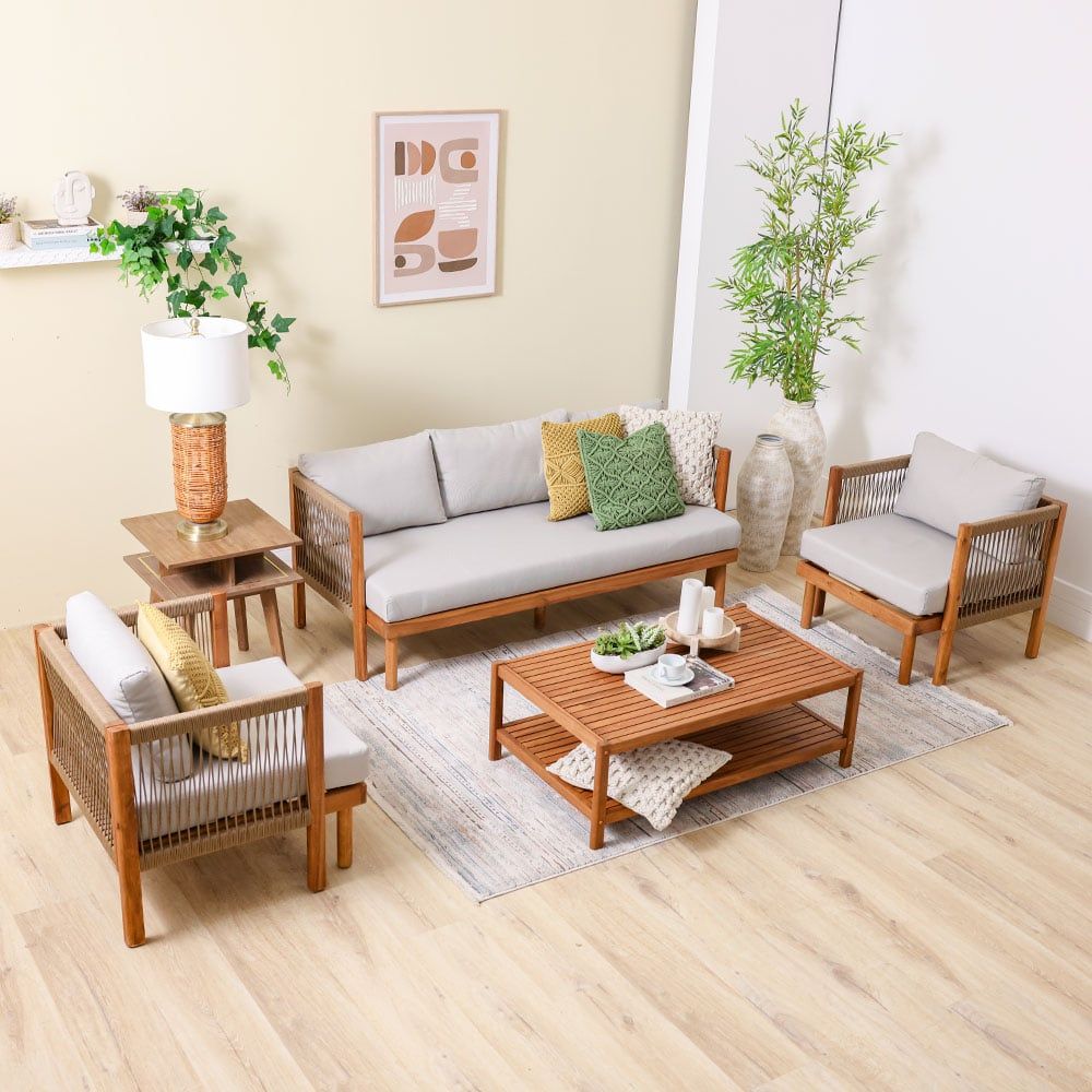 Watson 5-Seater Wooden Sofa Set - Natural Wood/Beige