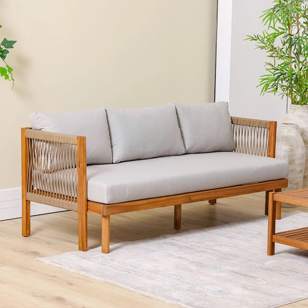 Watson 5-Seater Wooden Sofa Set - Natural Wood/Beige