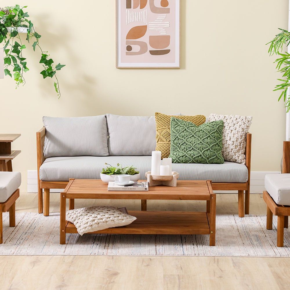 Watson 5-Seater Wooden Sofa Set - Natural Wood/Beige