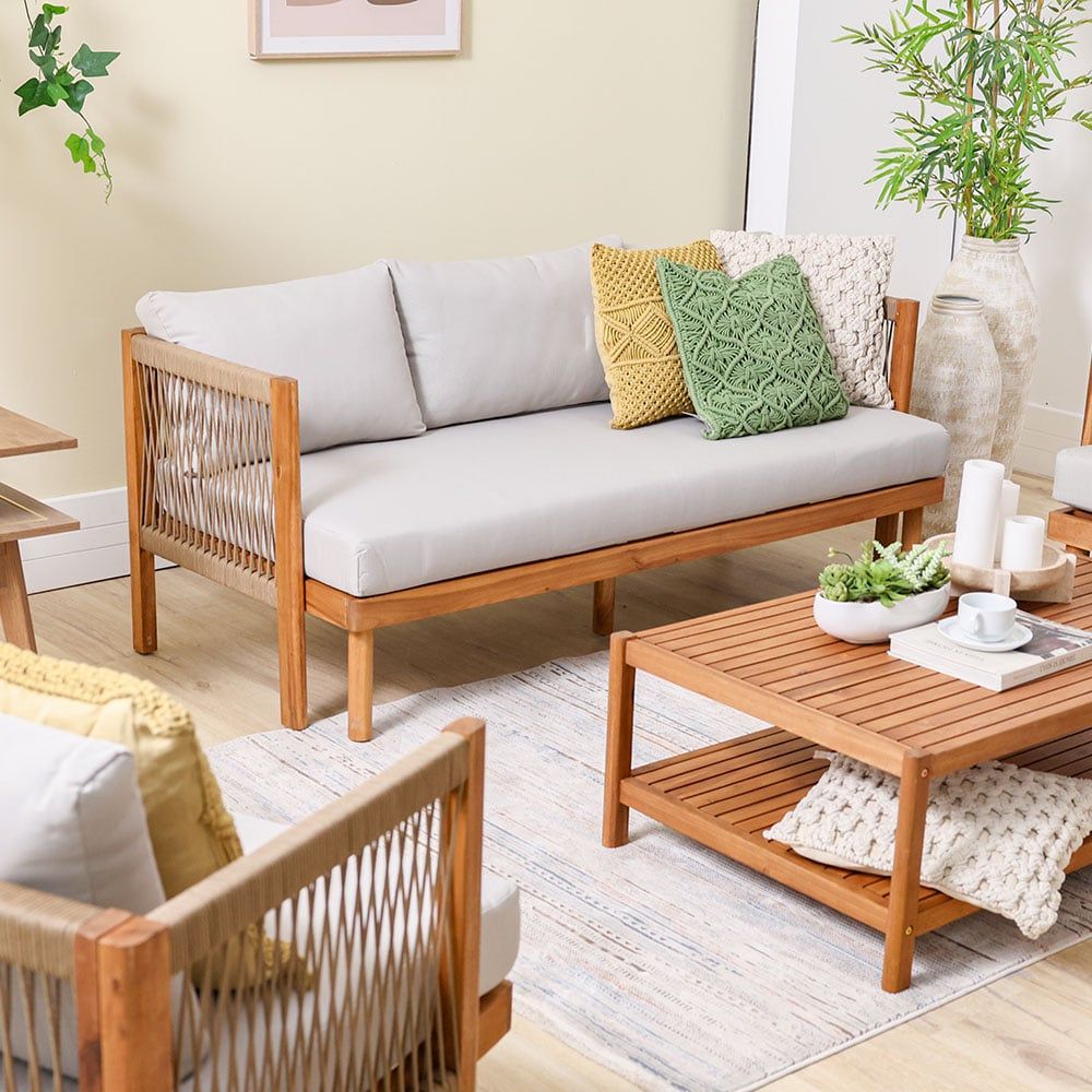 Watson 5-Seater Wooden Sofa Set - Natural Wood/Beige