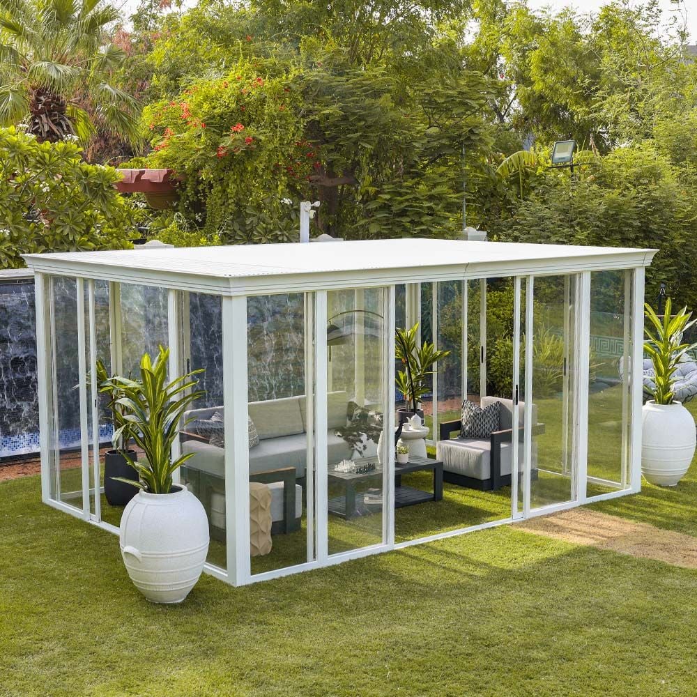 Eden House Gazebo with Curtains and Light - White