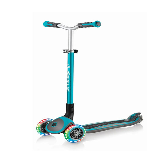 Globber - Master Lights Scooter for Kids 4-14 Years - Foldable, Adjustable, Antislip Deck, Light-Up Wheels - Teal