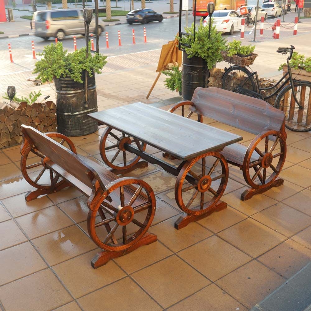 YATAI Wooden Wagon Wheel Bench and Table Set