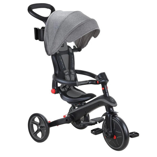 Globber - 4 In 1 Foldable Explorer Trike Tricycle, Patented Scissor Folding System, 2-height Adjustable Saddle, High-Back Seat, 10 Months+, 243.84 x 241.3 x 119.38 cm - Grey