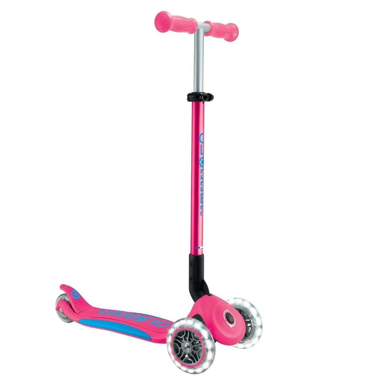 Globber - Primo Plus Foldable Lights Three Wheel Scooter, Adjustable T-Bar, Patented Steering Lock System, Light Up Wheels, 3 Years+, 58 x 28 x 76 cm - Fuchsia