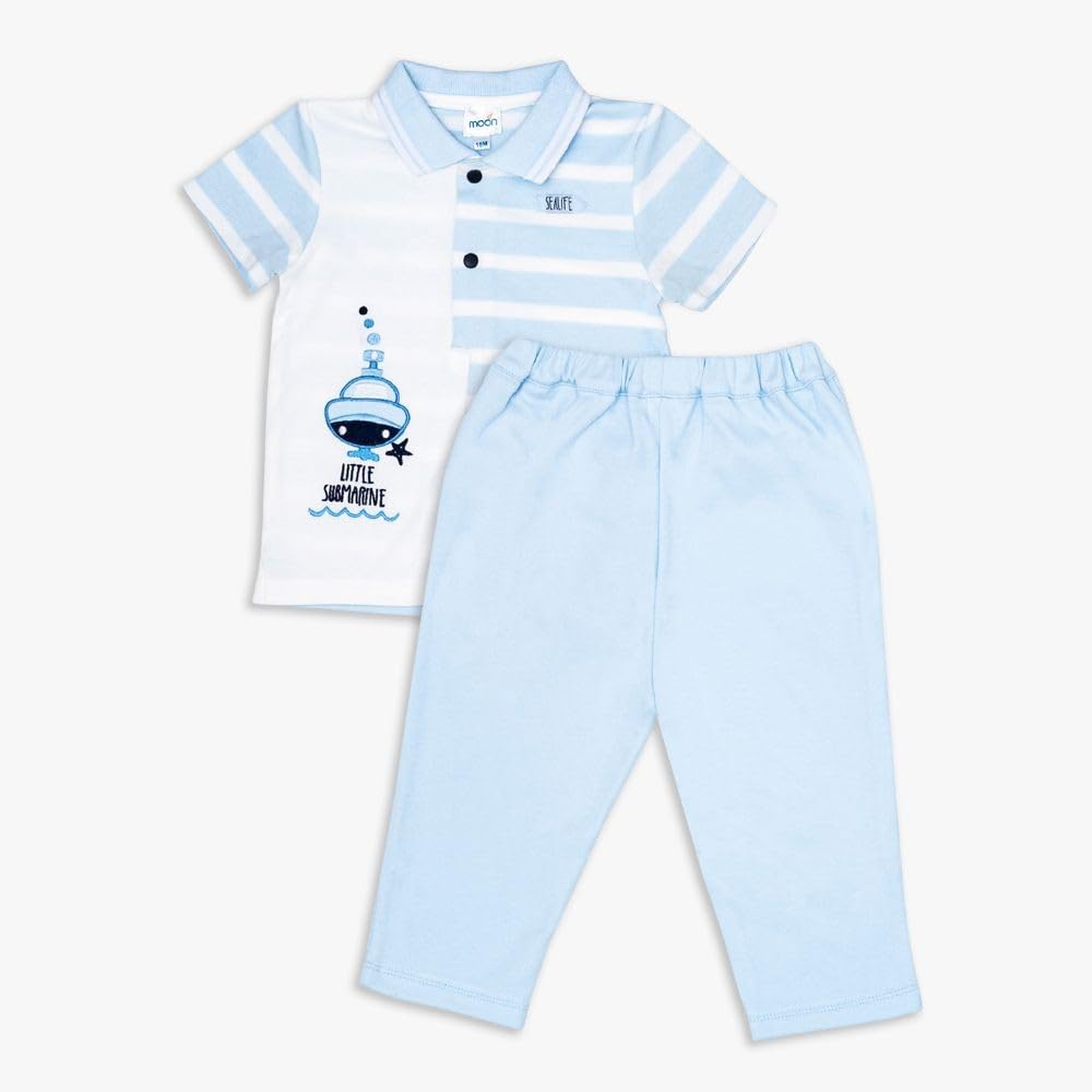 MOON 100% Cotton Polo T-Shirt and Long Pant 18-24M Blue - Little Submarine