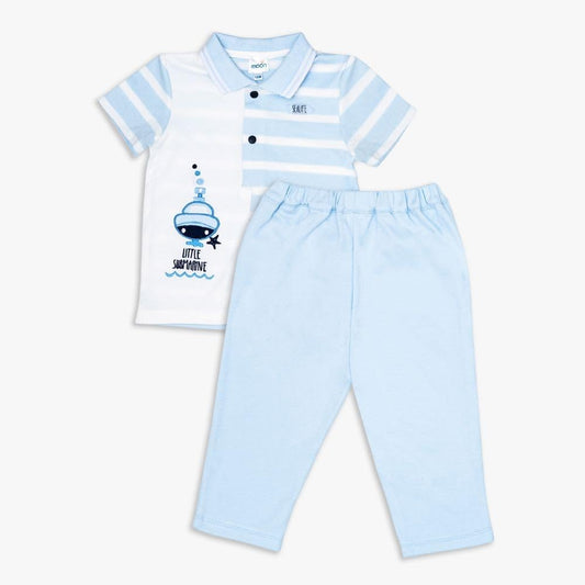 MOON 100% Cotton Polo T-Shirt and Long Pant 18-24M Blue - Little Submarine