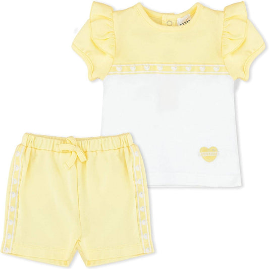 MOON 100% Cotton Short-Sleeved Top & Shorts 0-3M Yellow - Lemon Hearts
