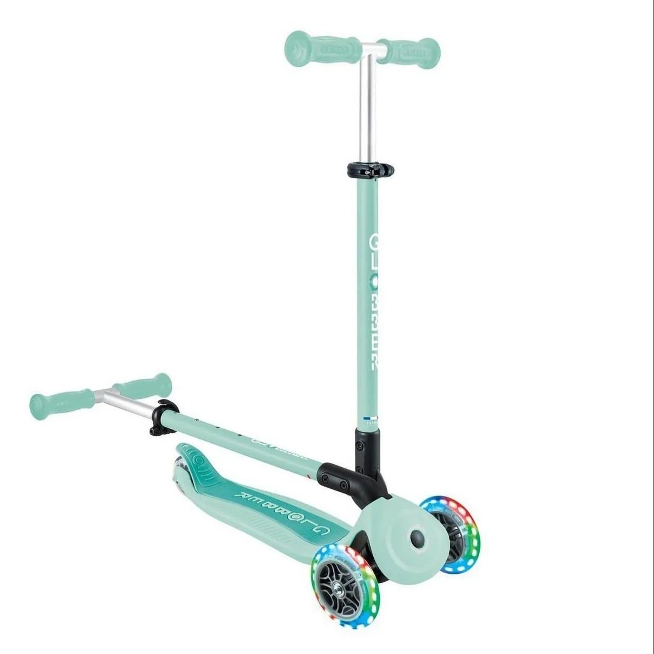 Globber - Go Up Active Sporty Lights All In One Kids Scooter, 4-height Adjustable T-bar, Battery-free LED Light-up Wheels, Patented Steering Lock System, 15 Months+, 26 x 18 x 67.5 cm - Dark Mint